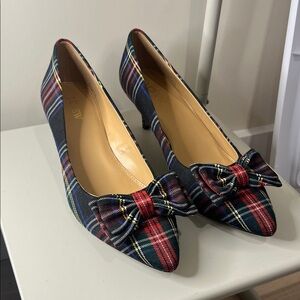 J. Crew Red and Navy Plaid Bow Pointed-Toe Pumps